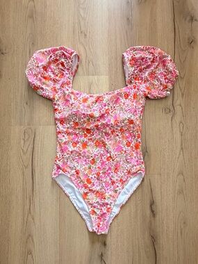 Marina West Floral Puff-Sleeve One-Piece in Pink, Orange & Cream